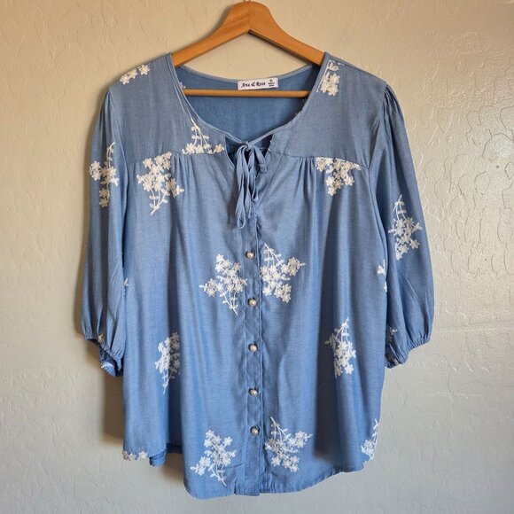 Anna & Rose Chambray Embroidered Floral Blouse Blue/White Size Womens XL Church - Picture 1 of 9